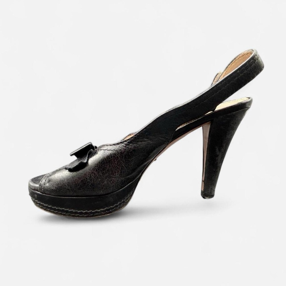 Prada Black Leather Peeptoe Slingback Heels with Bows size 37 EU 6.5 US